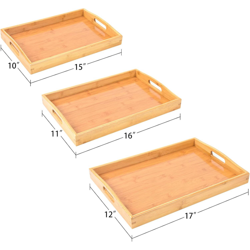 Bamboo Wood Spa-Serving Tray with Handles (Set of 3 sizes)