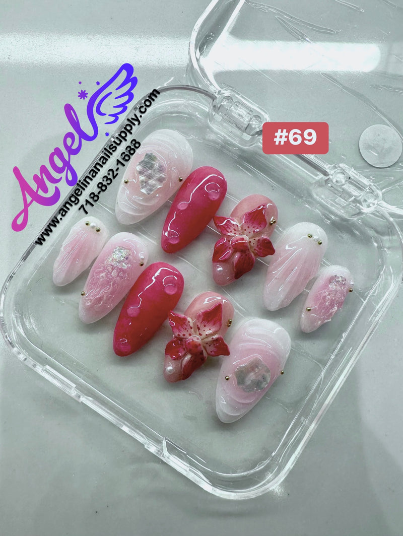 Angelina Handmade Custom Press-On Nails #060-#089 Christmas Red Glitter, Snowflake Holiday Design, Winter Press-On Nail Set