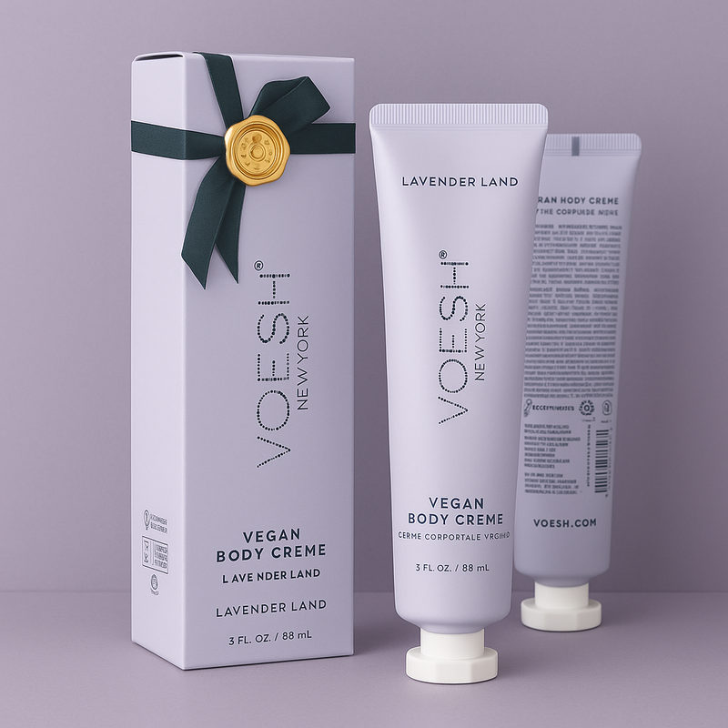 VOESH Vegan Body Creme with packaging on a purple background