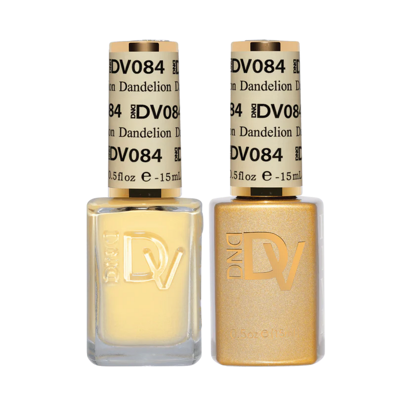 Two gold nail polish bottles with 'DV' branding on a white background