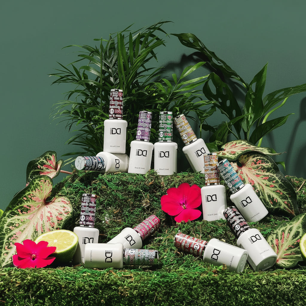 Collection of nail polish bottles arranged on a green surface with plants and flowers.