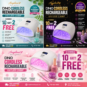 Promotional images of Angelina DNO Cordless Rechargeable UV/LED Lamp with product details and free shipping offer.