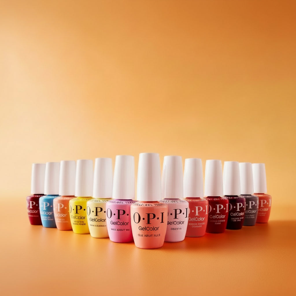 Row of OPI nail polish bottles on an orange background