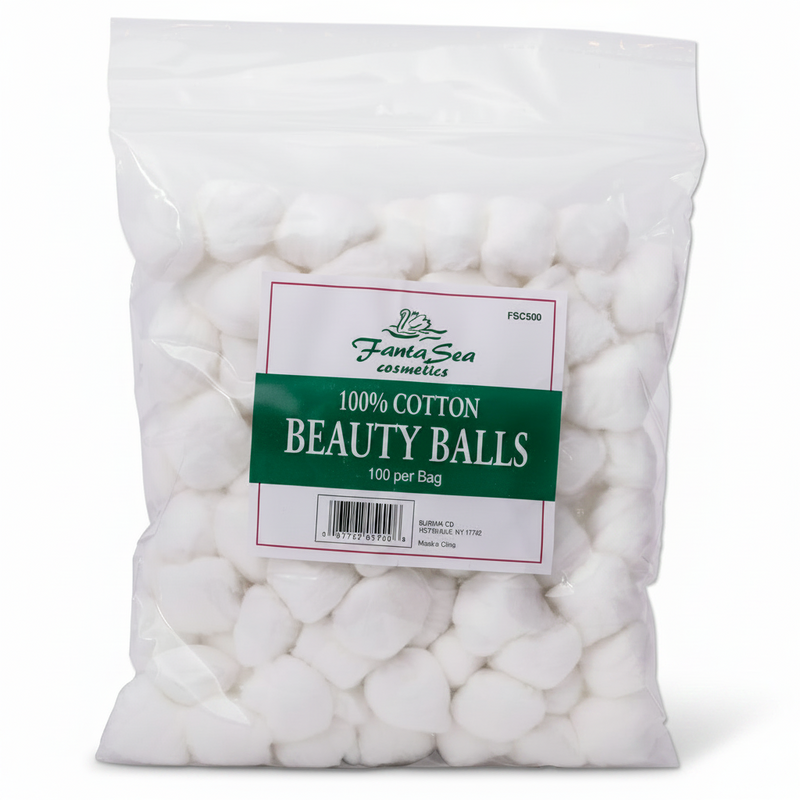 Bag of cotton beauty balls with a label on a white background