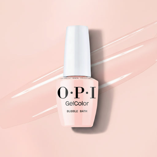 OPI GelColor nail polish bottle in Bubble Bath on a light pink background