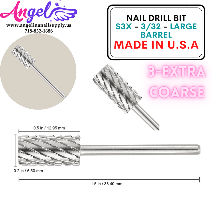 Nail Drill Bit - S3X - 3/32 - Large Barrel - Angelina Nail Supply NYC